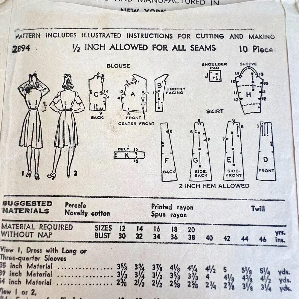 40s Advance Sewing Pattern 2894 Shirtwaist Dress Size 12 Bust 30
